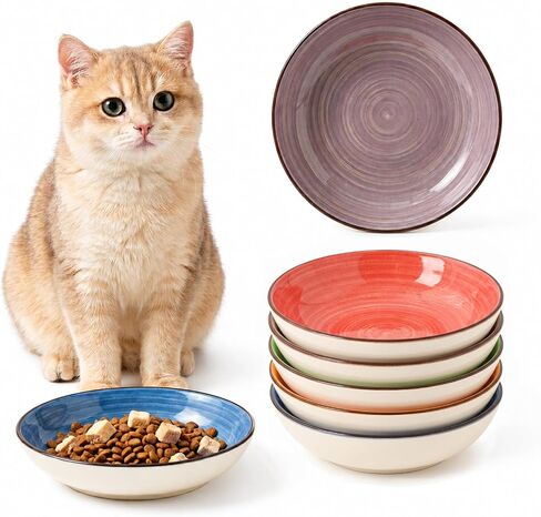 Colorful Ceramic Cat Bowls Set, 6 Pack Whisker-Friendly Cat Dishes for Food and Water, 5.7" Wide and Shallow Plates for Dry Wet Food, Ideal for Multi-Pet Homes, Microwave & Dishwasher Safe in Kuwait