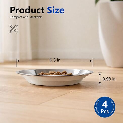 4-Pack 6.3 Inch Shallow Stainless Steel Cat Bowls, Whisker Fatigue Relief Food Water Dishes, Thickened Durable Feeding Bowls for Cats Kittens, Dishwasher Safe in Saudi Arabia