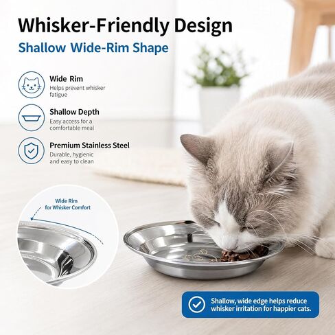4-Pack 6.3 Inch Shallow Stainless Steel Cat Bowls, Whisker Fatigue Relief Food Water Dishes, Thickened Durable Feeding Bowls for Cats Kittens, Dishwasher Safe in Saudi Arabia
