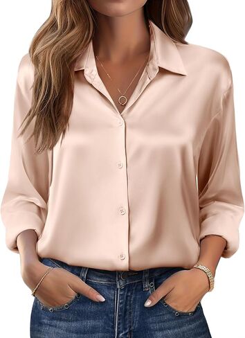 Chigant Women's Blouse Satin Silk Shirts Button Down Shirts Casual Loose Long Sleeve Office Work Tunic Tops in Kuwait
