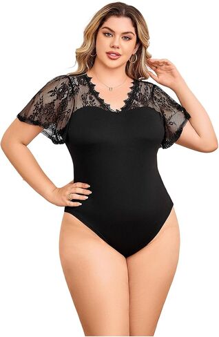 SHENHE Women's Plus Size V Neck Lace Flutter Short Sleeve Elegant Slim Blouse Bodysuit in Kuwait