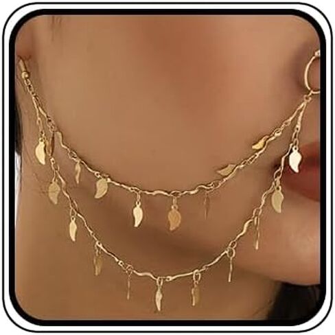 Missgrace Boho Indian Dainty Simple Silver Gold Chain Leaf Nose Rings أقراط هوب سلسلة 2 طبقة شرابة الأنف سلسلة الحاجز غير ثقب الأنف أقراط متدلية للنساء (ذهبي) in Kuwait