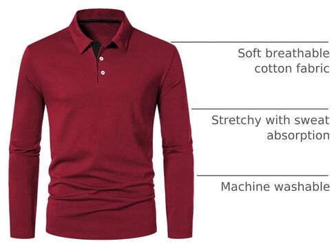 A WATERWANG Men's Long Sleeve Polo Shirts, Slim-fit Cotton Golf Polo Shirts Basic Designed in Kuwait
