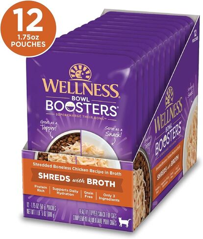 Wellness Bowl Boosters Shreds with Broth Wet Cat Food Topper, Grain Free, Natural, Chicken Recipe, 1.75 oz, Pack of 12 Pouches in Kuwait