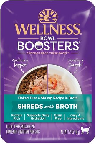 Wellness Bowl Boosters Shreds with Broth Wet Cat Food Topper, Grain Free, Natural, Chicken Recipe, 1.75 oz, Pack of 12 Pouches in Kuwait