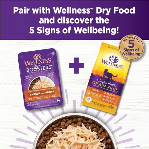 Wellness Bowl Boosters Shreds with Broth Wet Cat Food Topper, Grain Free, Natural, Chicken Recipe, 1.75 oz, Pack of 12 Pouches in Kuwait