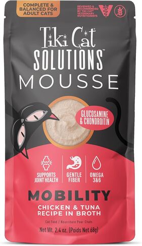 Tiki Cat Solutions Mobility Mousse, Chicken & Tuna Recipe in Broth, Formulated to Support Healthy Joints, Functional Wet Cat Food, 2.4 oz. Pouch (12 Count) in Saudi Arabia
