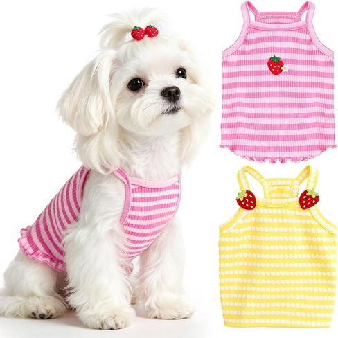 2 Pack Dog Shirts for Small Dogs Cute Girl Dog Clothes Strawberry Stripe & Polka Dot Puppy Tshirt Summer Sleeveless Pet Tank Top Breathable Doggy Outfits Cat Chihuahua Yorkie Shih Tzu Clothes in Kuwait