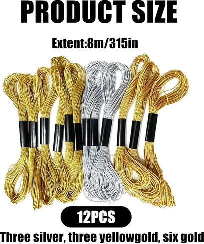 12 Skeins Metallic Embroidery Floss, Gold & Silver Thread, 8m in Kuwait