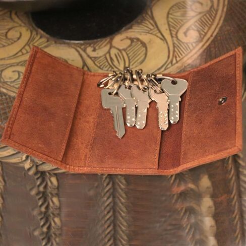 RUSTIC TOWN Slim Compact Leather Key Holder Wallet Pouch Gifts Him Her Men Women (Brown) in Kuwait