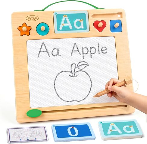Joyreal Wooden Letter Tracing Board for Toddlers, Magnetic Alphabet & Number Writing Practice Board with 44 Cards, Reusable Magnetic Drawing Board, Montessori Preschool Educational Toy Ages 3-5 in Saudi Arabia