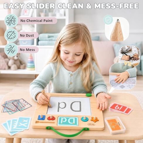 Joyreal Wooden Letter Tracing Board for Toddlers, Magnetic Alphabet & Number Writing Practice Board with 44 Cards, Reusable Magnetic Drawing Board, Montessori Preschool Educational Toy Ages 3-5 in Saudi Arabia