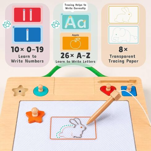 Joyreal Wooden Letter Tracing Board for Toddlers, Magnetic Alphabet & Number Writing Practice Board with 44 Cards, Reusable Magnetic Drawing Board, Montessori Preschool Educational Toy Ages 3-5 in Saudi Arabia