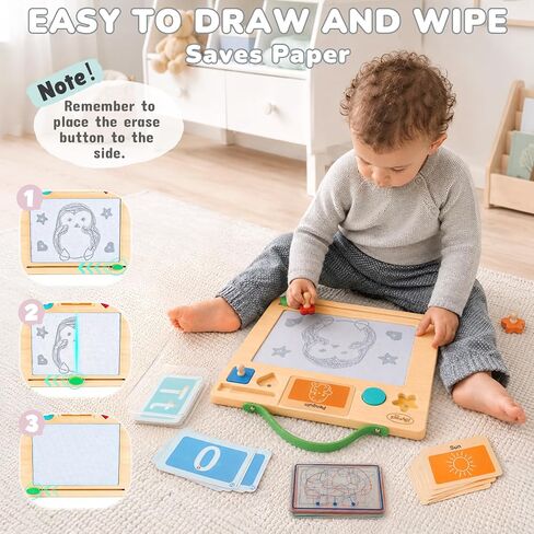 Joyreal Wooden Letter Tracing Board for Toddlers, Magnetic Alphabet & Number Writing Practice Board with 44 Cards, Reusable Magnetic Drawing Board, Montessori Preschool Educational Toy Ages 3-5 in Saudi Arabia
