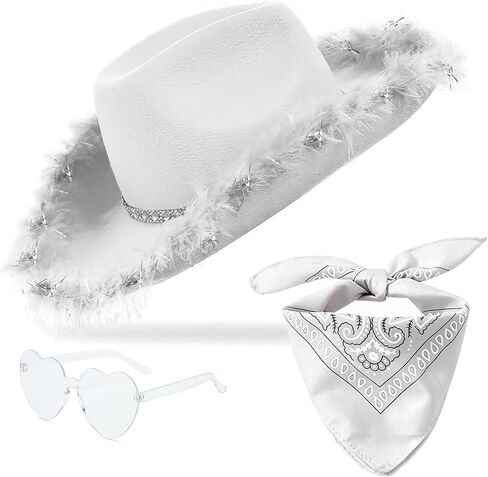 Cowboy Hat with Heart Sunglasses - Cowgirl Hat with Feather Boa Brim for Women&Men,Bachelorette Party Halloween in Kuwait