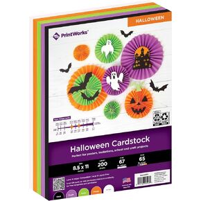 PrintWorks Halloween Cardstock 8.5" x 11" - 200 Sheets - 5 Assorted Colors - Ideal for School & Craft Projects - 67 lb/147 gsm & 65 lb/176 gsm - Made in the USA (00596) in Kuwait