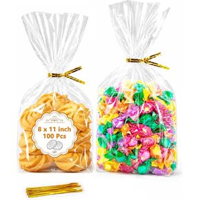 Clear Cellophane Bags for Treats and Gifts, 6x10", 100 Pcs, with Gold Ties in Kuwait