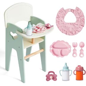 Giant bean Wooden Baby Doll High Chair with Feeding Set for 18 Inch Dolls Green Color in Kuwait