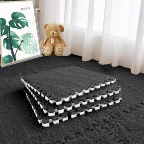 16pcs 0.6" Thickened Interlocking Tile Mats,Fluffy Shaggy Soft EVA Foam Area Rug for Living Room & Bedroom,Non-Slip Protective Floor Carpet Play Mat Kids Baby Dorm Home Decor (11.8ft, Black) in Kuwait