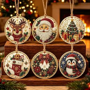 6PCS Christmas Wooden Ornaments DIY Diamond Painting Kit,Pearl Diamond Art Kits for Adults, Pearl and Special-Shaped Gem Craft Set with Twine for Tree and Window Decor in Kuwait