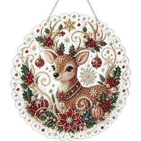 Christmas Pearl Diamond Painting Suncatcher Kit, DIY Craft (#A, 8in) | Pre-Assembled Metal Chain, Acrylic Round Board with Lace Edge, 3D Mixed-Sized Pearl Beads Craft, Festive Window Wall Decor-A in Kuwait