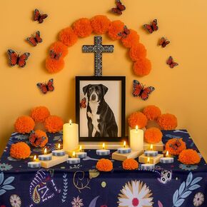 54 Pcs Dia De Los Muertos Altar Ofrenda Day of The Dead Decoration Dog Memorial Set Including Dog Skulls Tablecloth, Marigold Flowers, Mexican Cross, Butterflies and Candles for Fiesta Pet Remembrance in Kuwait
