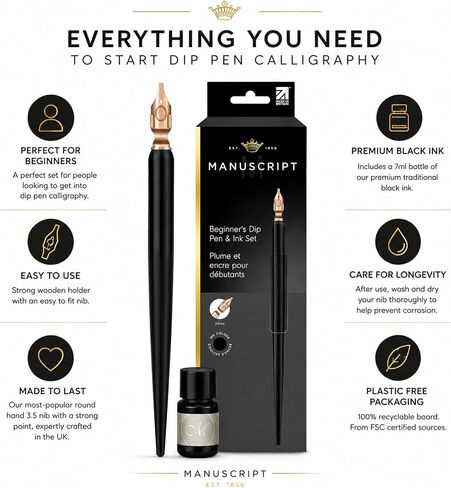 MANUSCRIPT Round Hand Nib Set, Wooden Holder, Black Ink in Kuwait