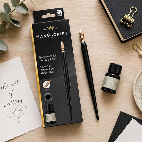 MANUSCRIPT Round Hand Nib Set, Wooden Holder, Black Ink in Kuwait