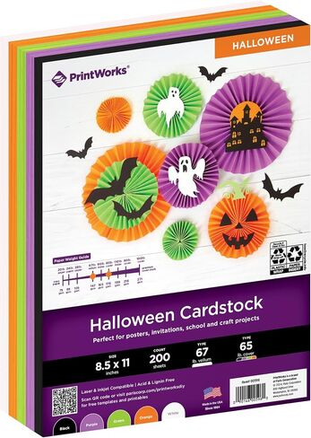 PrintWorks Halloween Cardstock 8.5" x 11" - 200 Sheets - 5 Assorted Colors - Ideal for School & Craft Projects - 67 lb/147 gsm & 65 lb/176 gsm - Made in the USA (00596) in Kuwait