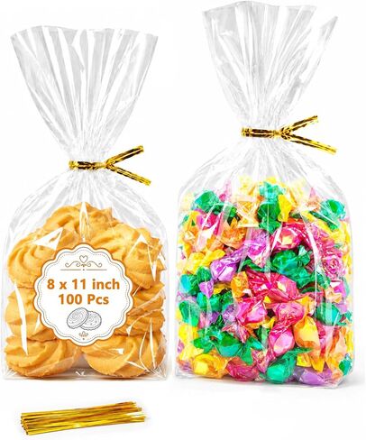 Clear Cellophane Bags for Treats and Gifts, 6x10", 100 Pcs, with Gold Ties in Kuwait