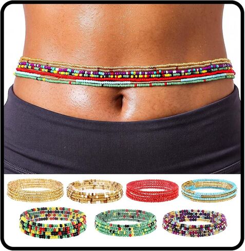 ELABEST Plus Size African Waist Beads Chain Layered Belly Body Chain Beach 7Pack Waist Jewelry Body Accessories for Women and Girls in Kuwait