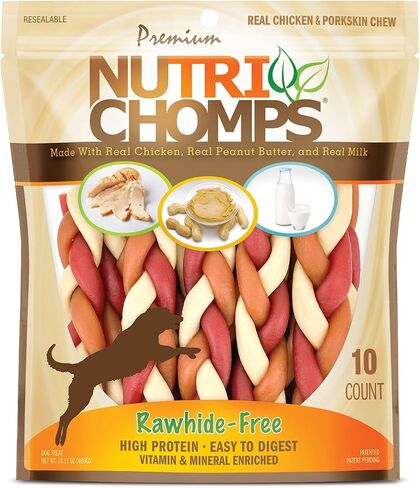 Nutri Chomps Rawhide Free Dog Chews, Chicken/PB/Milk, 6in Braids, 10ct in Kuwait