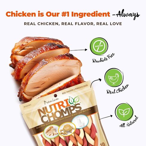 Nutri Chomps Rawhide Free Dog Chews, Chicken/PB/Milk, 6in Braids, 10ct in Kuwait
