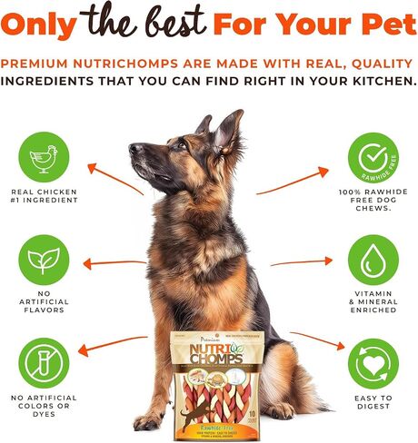 Nutri Chomps Rawhide Free Dog Chews, Chicken/PB/Milk, 6in Braids, 10ct in Kuwait