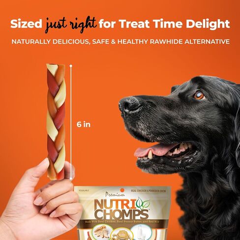 Nutri Chomps Rawhide Free Dog Chews, Chicken/PB/Milk, 6in Braids, 10ct in Kuwait