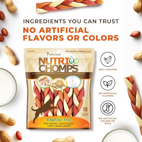 Nutri Chomps Rawhide Free Dog Chews, Chicken/PB/Milk, 6in Braids, 10ct in Kuwait