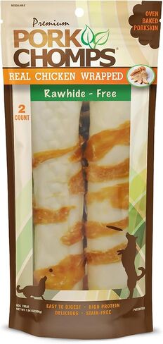 Pork Chomps Rawhide Free Pork Skin Dog Chews, Chicken Wrap, 8in Rolls, 2ct in Kuwait
