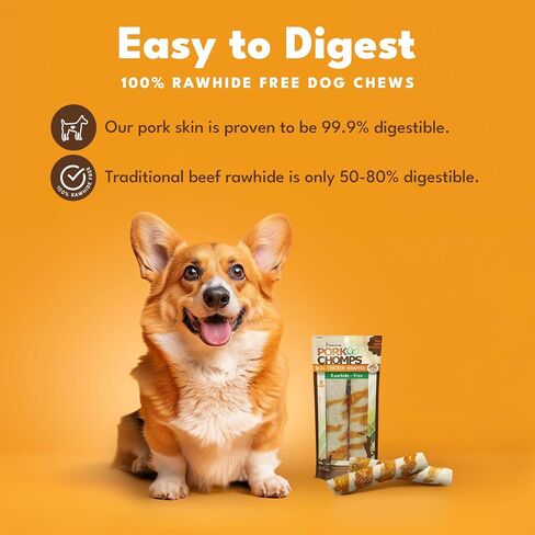 Pork Chomps Rawhide Free Pork Skin Dog Chews, Chicken Wrap, 8in Rolls, 2ct in Kuwait