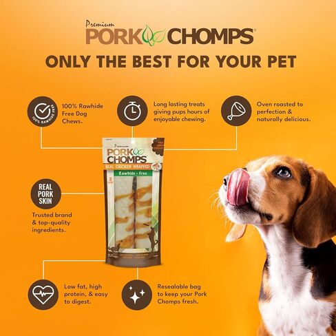 Pork Chomps Rawhide Free Pork Skin Dog Chews, Chicken Wrap, 8in Rolls, 2ct in Kuwait
