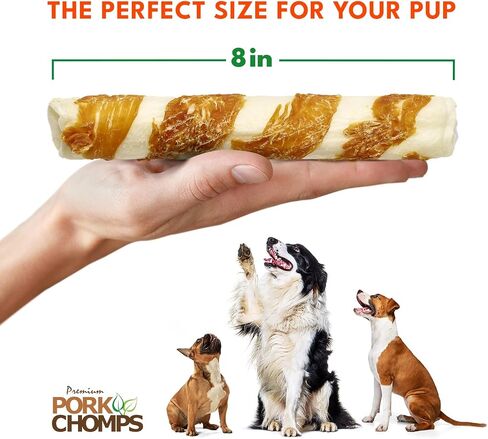 Pork Chomps Rawhide Free Pork Skin Dog Chews, Chicken Wrap, 8in Rolls, 2ct in Kuwait