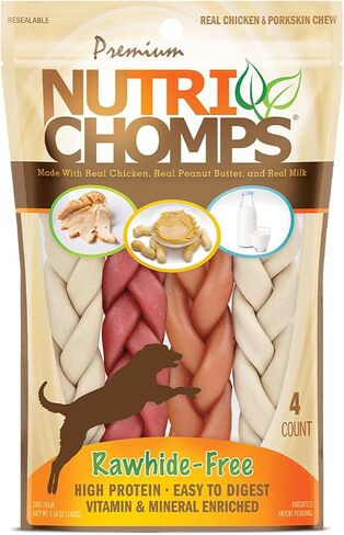Nutri Chomps Rawhide Free Dog Chews, Chicken/PB/Milk, 6in Braids, 10ct in Kuwait