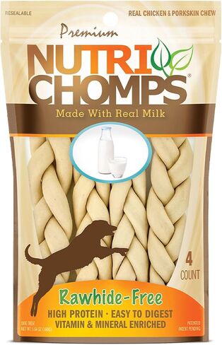 Nutri Chomps Rawhide Free Dog Chews, Chicken/PB/Milk, 6in Braids, 10ct in Kuwait