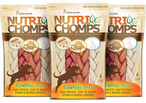 Nutri Chomps Rawhide Free Dog Chews, Chicken/PB/Milk, 6in Braids, 10ct in Kuwait