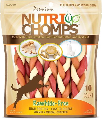 Nutri Chomps Rawhide Free Dog Chews, Chicken/PB/Milk, 6in Braids, 10ct in Kuwait