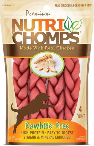 Nutri Chomps Rawhide Free Dog Chews, Chicken/PB/Milk, 6in Braids, 10ct in Kuwait