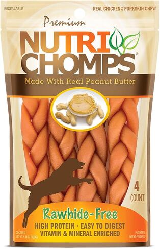 Nutri Chomps Rawhide Free Dog Chews, Chicken/PB/Milk, 6in Braids, 10ct in Kuwait