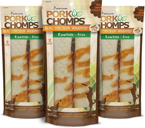 Pork Chomps Rawhide Free Pork Skin Dog Chews, Chicken Wrap, 8in Rolls, 2ct in Saudi Arabia