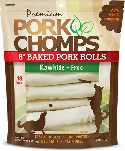 Pork Chomps Rawhide Free Pork Skin Dog Chews, Chicken Wrap, 8in Rolls, 2ct in Kuwait
