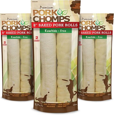 Pork Chomps Rawhide Free Pork Skin Dog Chews, Chicken Wrap, 8in Rolls, 2ct in Kuwait