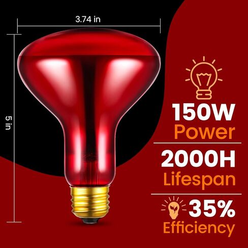 2-Pack 150W Infrared Heat Lamp - Reptile Heat Emitter, Red Heat Bulb for Chicked, Snake & Leopard Gecko, E26 Base in Kuwait